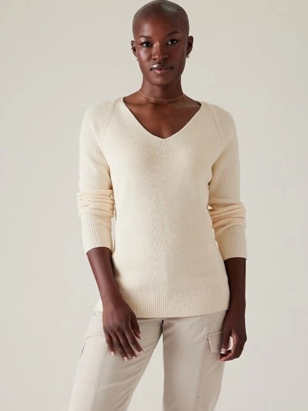 Athleta Hanover Refined V-Neck Merino Wool Sweater Magnolia White XXS